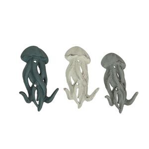 Set of 3 Cast Iron Jellyfish Wall Hooks 5 Inches High Coastal Decor